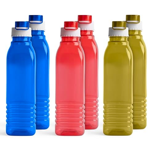 HW Kitchen Plastic Water Bottle I Water Bottle 1 Ltr | Ideal For Kitchen Home Office Travel Small Fridge For Room Gym| Unbreakable & Leak Proof I BPA Free | Set Of 6 Water Bottles, Assorted - Image 1