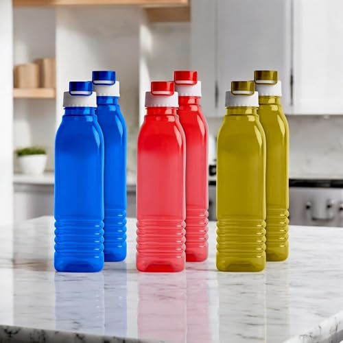 HW Kitchen Plastic Water Bottle I Water Bottle 1 Ltr | Ideal For Kitchen Home Office Travel Small Fridge For Room Gym| Unbreakable & Leak Proof I BPA Free | Set Of 6 Water Bottles, Assorted - Image 2
