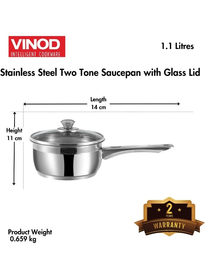 Vinod Stainless Steel Two Tone Saucepan with Glass Lid - 14 cm, 1.1 L (Induction Friendly) - Image 4