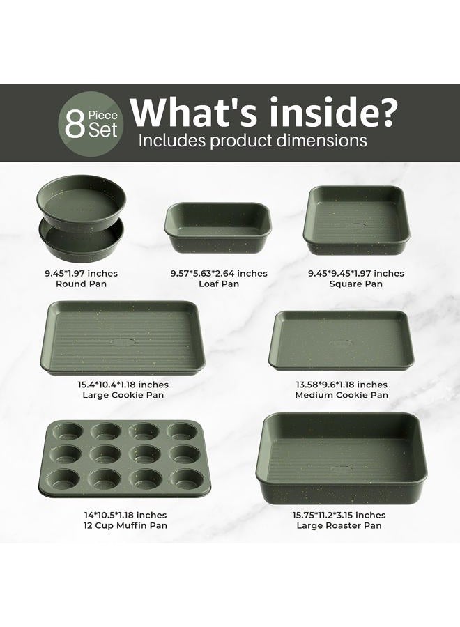 Slow Slog 8-Piece Nonstick Bakeware Set, Stackable Oven Pan Set Includes Baking Sheet, Muffin Pan, Cake Pan, Square Pan, Loaf Pan, Cookie Sheet & Cooling Rack (Ceramic Coated Green) - Image 3