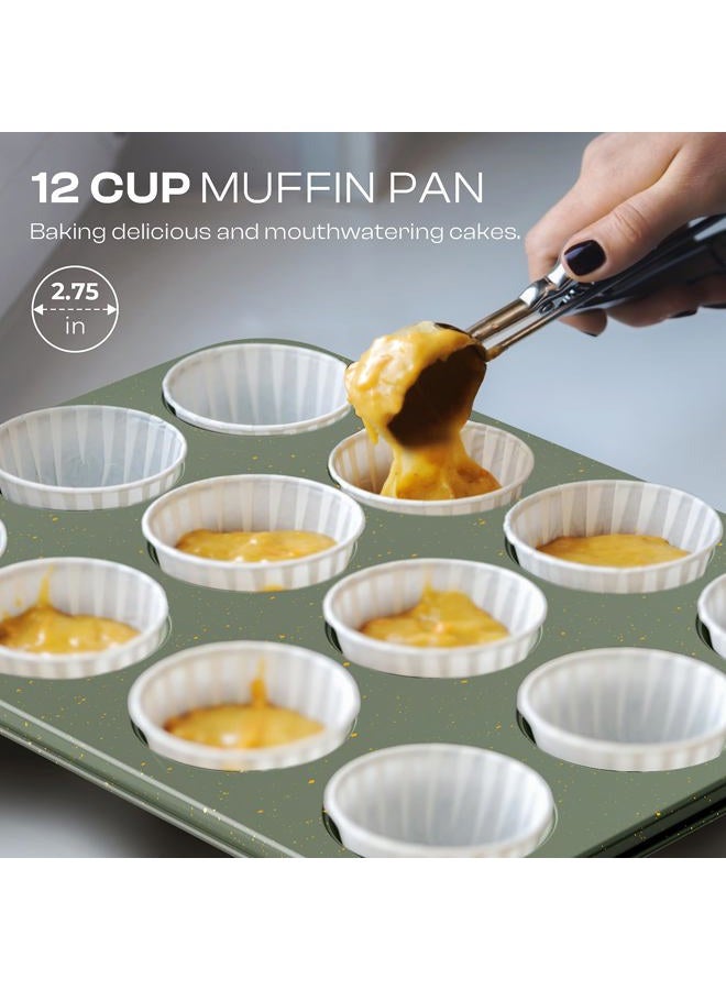 Slow Slog 8-Piece Nonstick Bakeware Set, Stackable Oven Pan Set Includes Baking Sheet, Muffin Pan, Cake Pan, Square Pan, Loaf Pan, Cookie Sheet & Cooling Rack (Ceramic Coated Green) - Image 4