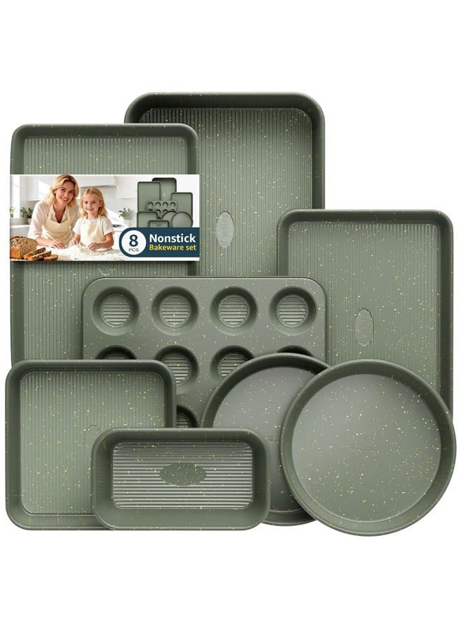 Slow Slog 8-Piece Nonstick Bakeware Set, Stackable Oven Pan Set Includes Baking Sheet, Muffin Pan, Cake Pan, Square Pan, Loaf Pan, Cookie Sheet & Cooling Rack (Ceramic Coated Green) - Image 1