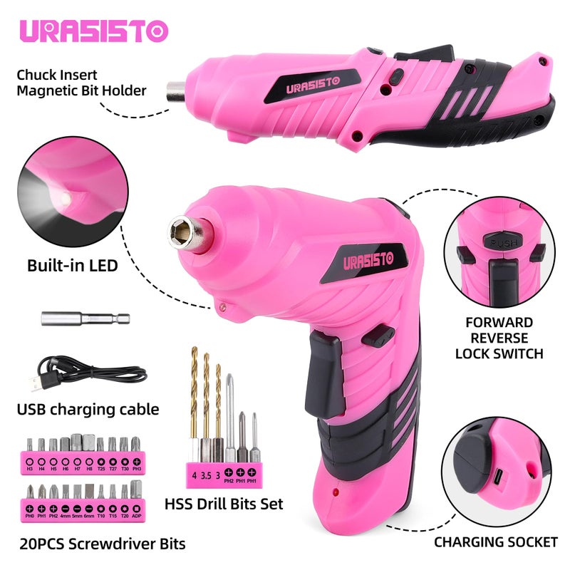 URASISTO 123 Piece Pink Household Tool Set with 3.6V USB Electric Screwdriver, Home Tool Kit with Cordless Lithium-ion Drill Driver, HandTool Kits for Women - Image 3