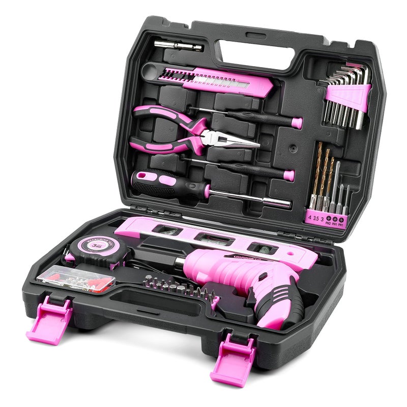 URASISTO 123 Piece Pink Household Tool Set with 3.6V USB Electric Screwdriver, Home Tool Kit with Cordless Lithium-ion Drill Driver, HandTool Kits for Women - Image 1