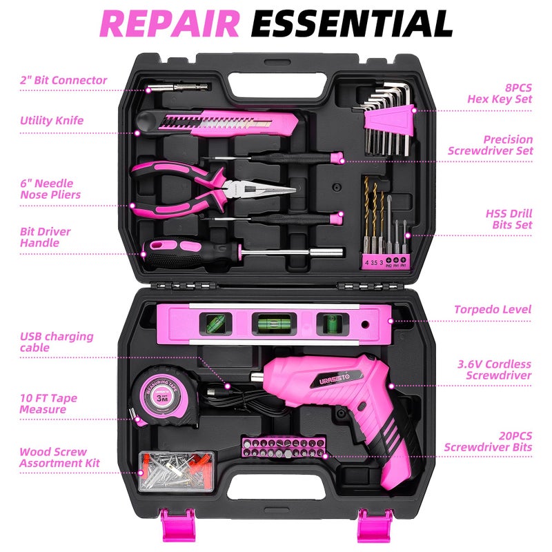 URASISTO 123 Piece Pink Household Tool Set with 3.6V USB Electric Screwdriver, Home Tool Kit with Cordless Lithium-ion Drill Driver, HandTool Kits for Women - Image 2