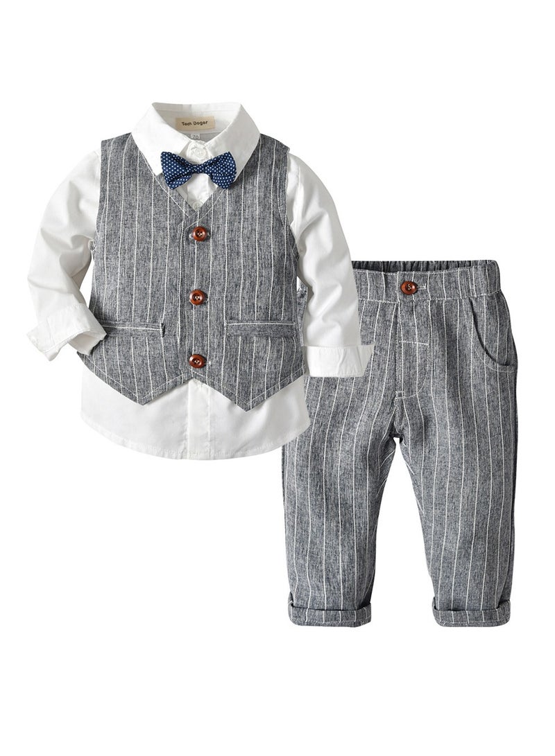3 Pcs Dark Gray Striped Baby Boy Formal Outfit Set, Cotton Vest, Shirt and Pants with Bow Tie, for Eid, Aqiqah, Weddings, Birthdays, Infant Size 3–6M, 70cm - Image 1
