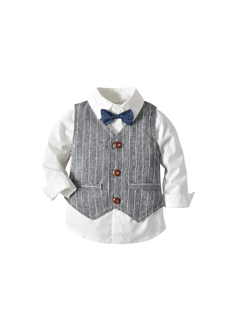 3 Pcs Dark Gray Striped Baby Boy Formal Outfit Set, Cotton Vest, Shirt and Pants with Bow Tie, for Eid, Aqiqah, Weddings, Birthdays, Infant Size 3–6M, 70cm - Image 2