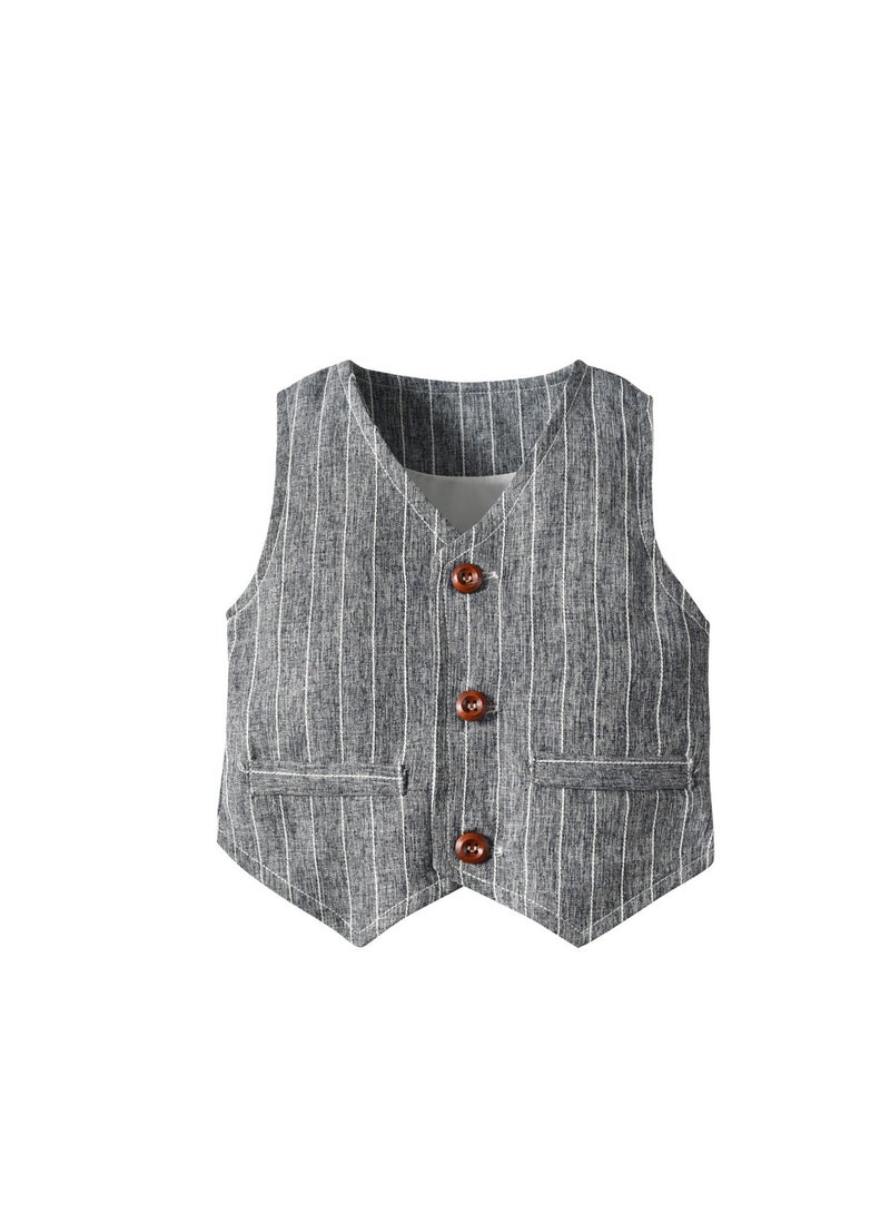 3 Pcs Dark Gray Striped Baby Boy Formal Outfit Set, Cotton Vest, Shirt and Pants with Bow Tie, for Eid, Aqiqah, Weddings, Birthdays, Infant Size 3–6M, 70cm - Image 4
