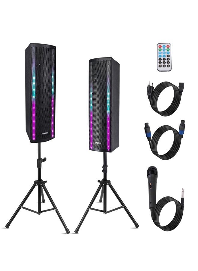 Portable Bluetooth PA Speaker System, 3-Way Active & Passive Outdoor Bluetooth Speaker, Portable PA System with Microphone Input, Party Lights, FM Radio Tripod, Remote Control, Black