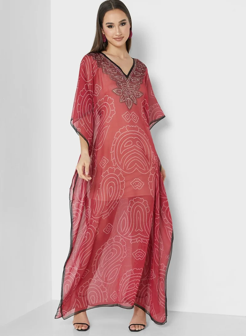 ARABIAN CLOSET Cape Sleeve Embroidered Kaftan