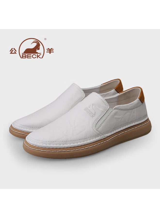 Gongyang Men's Business Casual Leather Loafers Soft Leather Soft Sole Slip-on Moccasins White Size 43