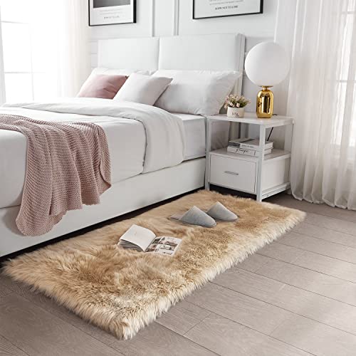 SERISSA Soft Fluffy Rug Beige Faux Sheepskin Fur Rug Shaggy Area Rug for Bedroom Floor Living Room 3x5 Feet - Image 2