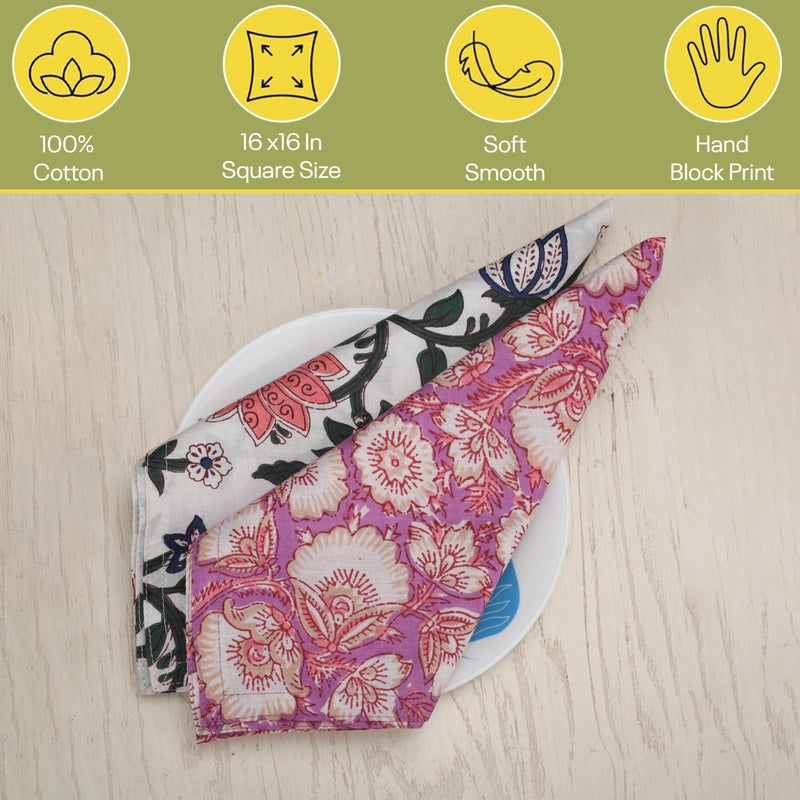 Marubhumi 10 Pc Cotton Cloth Napkins- Hand Block Print, Eco-Friendly, Dinner Napkins, Floral,Hand Made Size 16x16 Inch Printed Home Decor Multicolored - Image 4