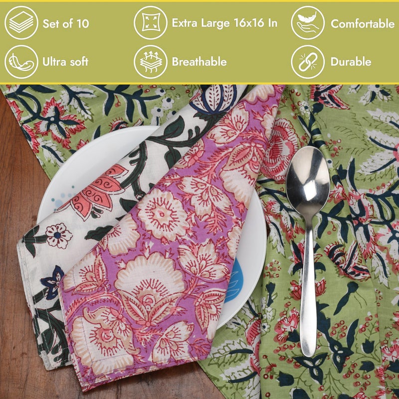 Marubhumi 10 Pc Cotton Cloth Napkins- Hand Block Print, Eco-Friendly, Dinner Napkins, Floral,Hand Made Size 16x16 Inch Printed Home Decor Multicolored - Image 2