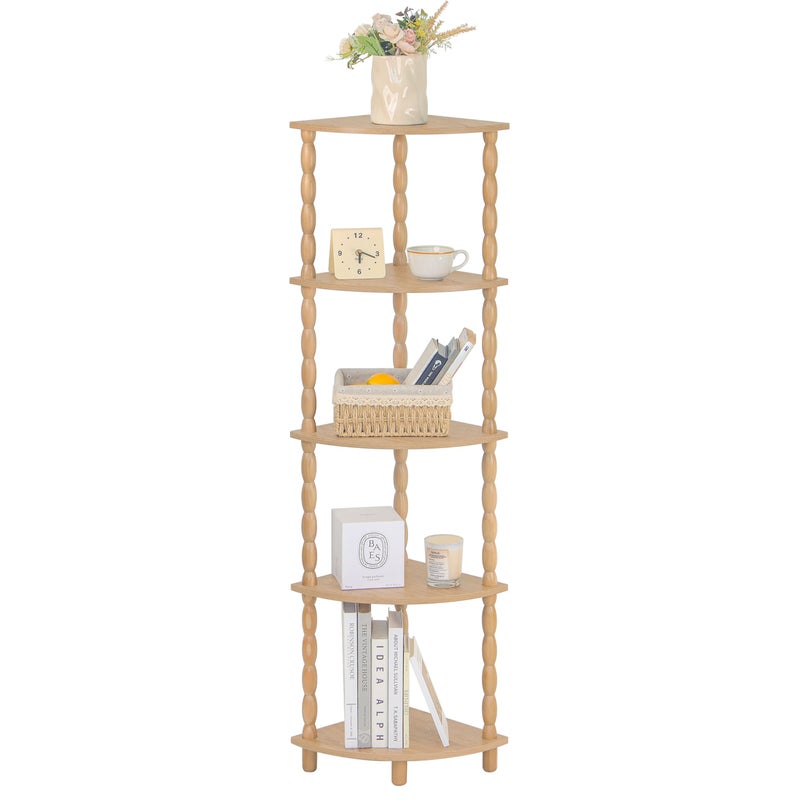 MaxSmeo Corner Bookshelf, 5-Tier Corner Shelf Stand, Modern Corner Plant Shelves with Storage, for Bedroom, Bathroom, Kitchen, Living Room (Rustic Walnut) - Image 1
