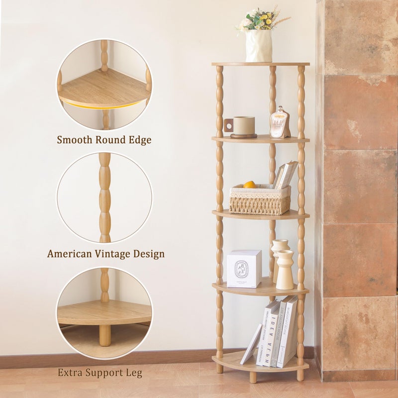 MaxSmeo Corner Bookshelf, 5-Tier Corner Shelf Stand, Modern Corner Plant Shelves with Storage, for Bedroom, Bathroom, Kitchen, Living Room (Rustic Walnut) - Image 4