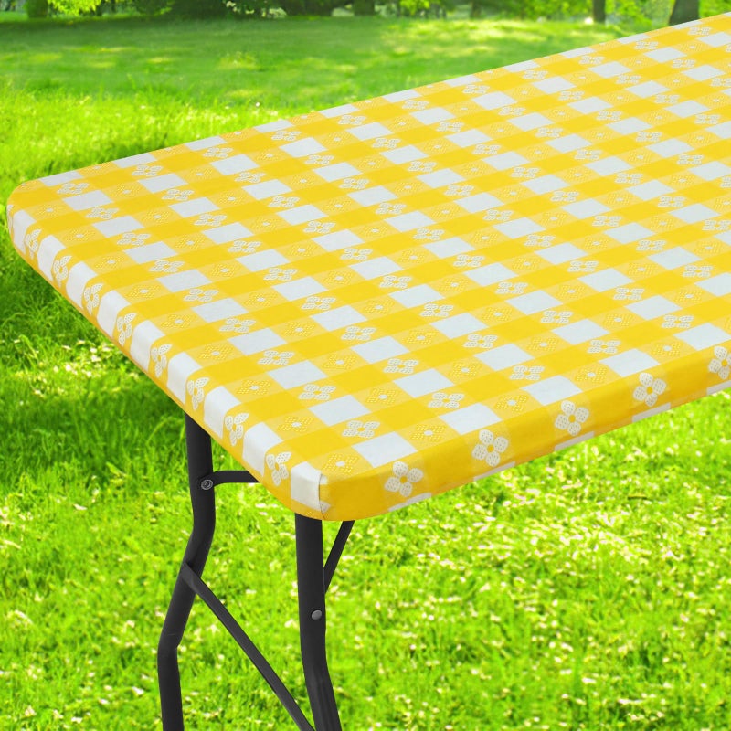 Spotjoy Rectangle Vinyl Table Cloth  Waterproof Elastic Fitted Tablecloth with Flannel Backing  Plastic Table Cover for Picnic  Camping  Outdoor (White & Yellow  30""x48"") - Image 1