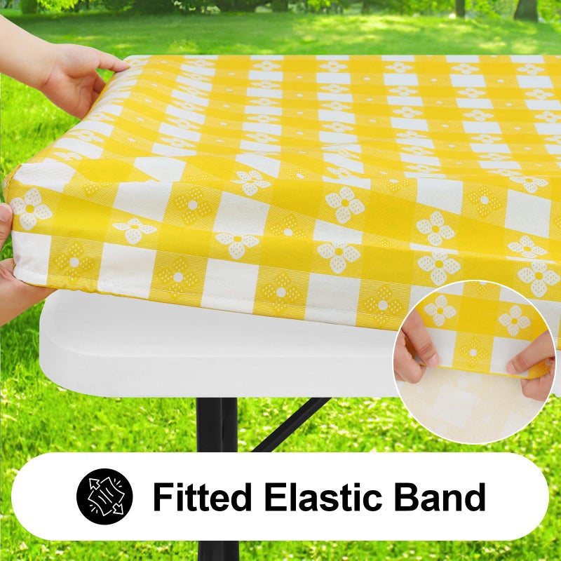 Spotjoy Rectangle Vinyl Table Cloth  Waterproof Elastic Fitted Tablecloth with Flannel Backing  Plastic Table Cover for Picnic  Camping  Outdoor (White & Yellow  30""x48"") - Image 2