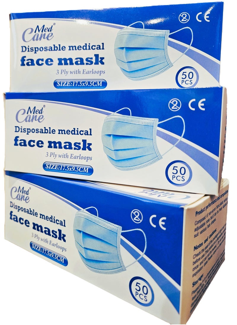 CAREMED Medical Face Mask 3Ply, Elastic Earloop, 50 Piece (Ultimate Protection Stay Safe Against Airborne Particles and Germs) Pack of 3  - Image 1