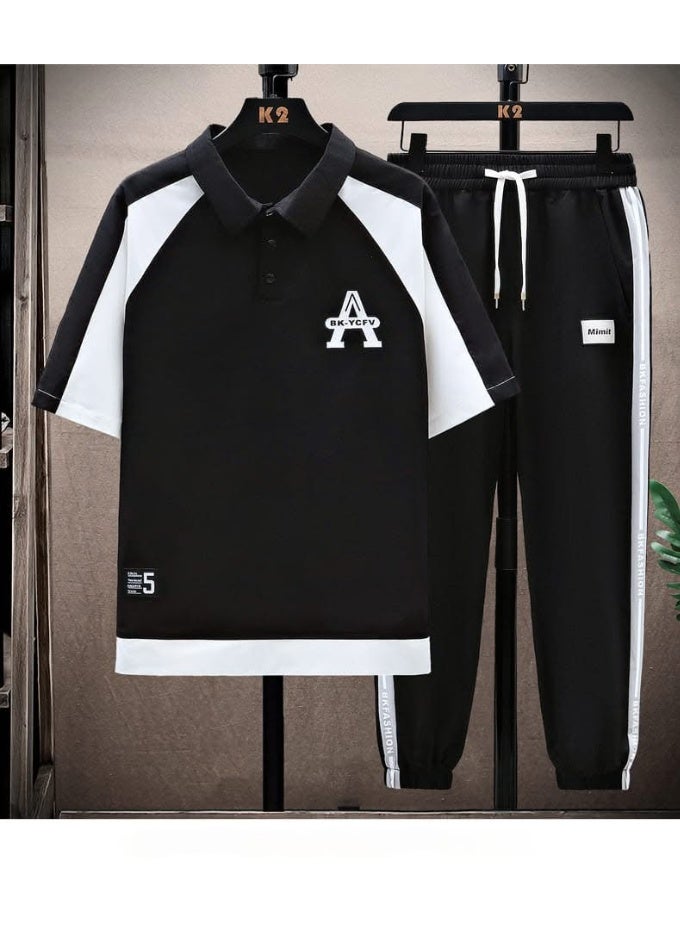 Men's 2-Piece Casual Tracksuit with Short Sleeve Polo Shirt & Jogger Pants, Black