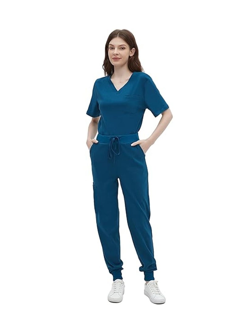 L&E Scrub for Women Set, Female Nurse Uniform, Classic V neck Top and Jogger Scrub Pants Medica l Uniform Suit with 9 Pockets, Hospital Staff, clinics, Home Health, Navy, L  - Image 1