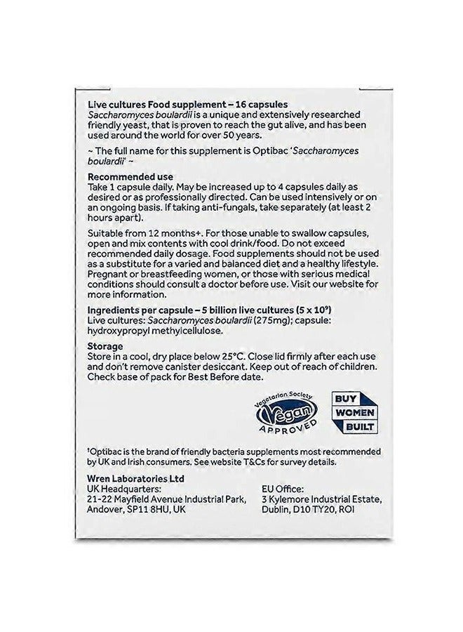 Optibac Probiotics Saccharomyces Boulardii Vegan Scientifically Proven Digestive Probiotic Supplement 5 Billion Cfu 16 Capsules - Image 2