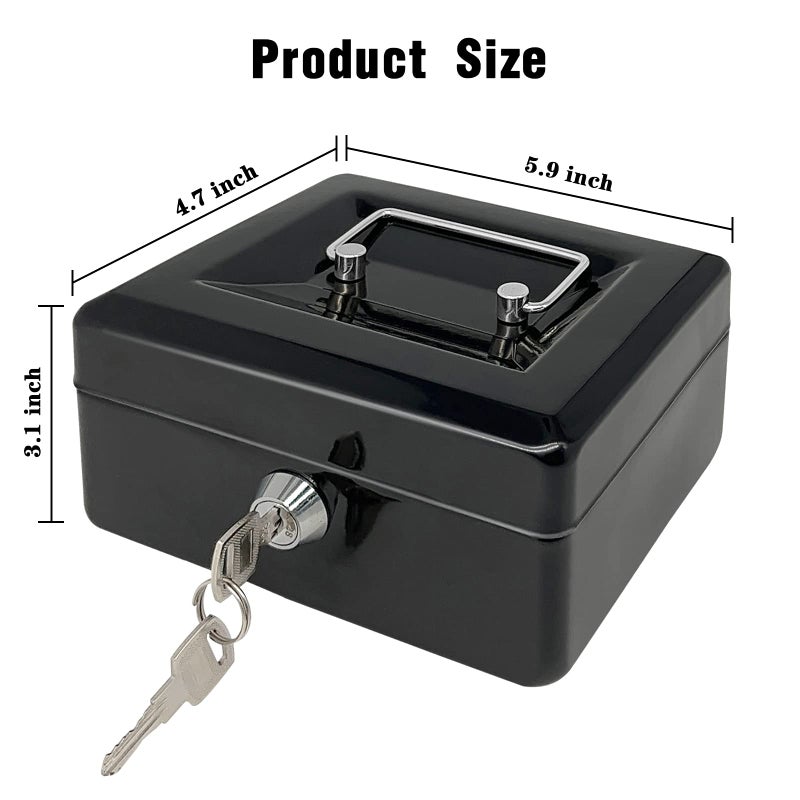 PACOLO Steel Cash Box with Key Lock, Metal Small Money Organizer with Money Tray,Cash Storage Box with Lockable Cover (Black - 6 inch) - Image 2