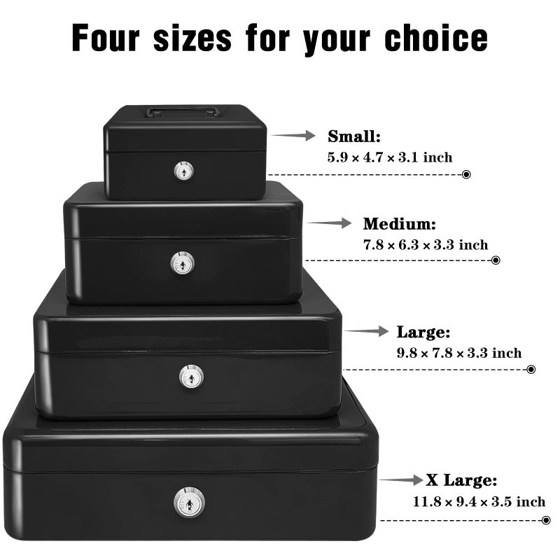 PACOLO Steel Cash Box with Key Lock, Metal Small Money Organizer with Money Tray,Cash Storage Box with Lockable Cover (Black - 6 inch) - Image 3