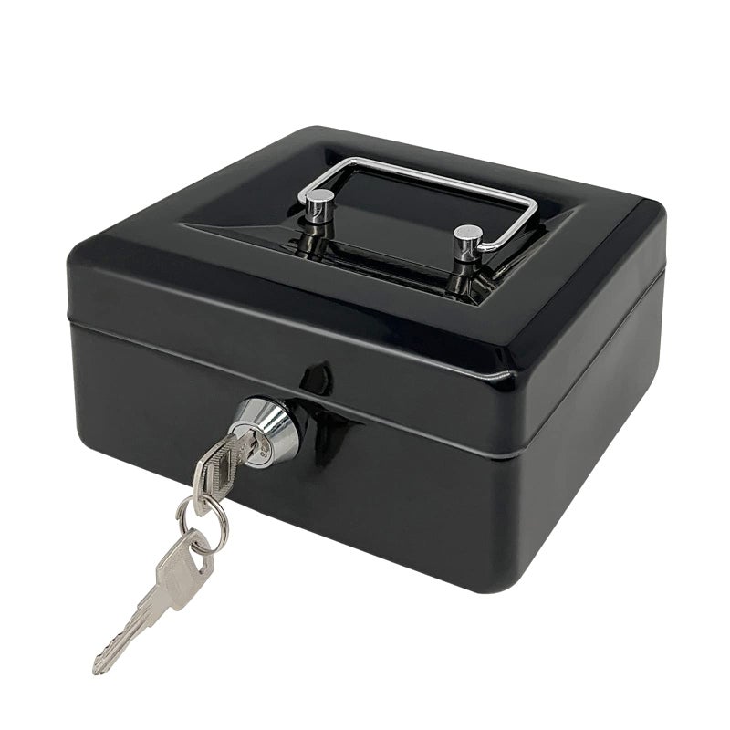 PACOLO Steel Cash Box with Key Lock, Metal Small Money Organizer with Money Tray,Cash Storage Box with Lockable Cover (Black - 6 inch) - Image 1