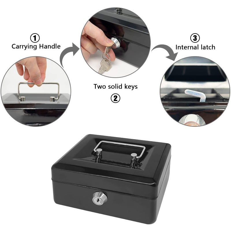 PACOLO Steel Cash Box with Key Lock, Metal Small Money Organizer with Money Tray,Cash Storage Box with Lockable Cover (Black - 6 inch) - Image 5