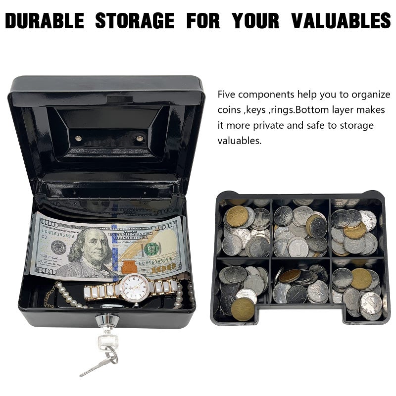 PACOLO Steel Cash Box with Key Lock, Metal Small Money Organizer with Money Tray,Cash Storage Box with Lockable Cover (Black - 6 inch) - Image 4