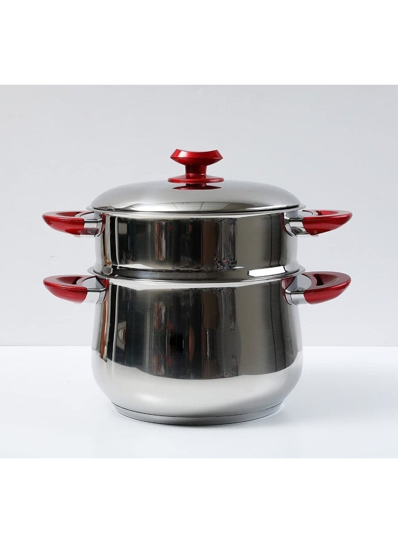 Hascevher 24CM Stainless Steel Steamer Cookware Belly Shape Cous Pot With Red Handles, Multipurpose Two Tier Vegetable And Meat Food Steaming Pot - Image 2
