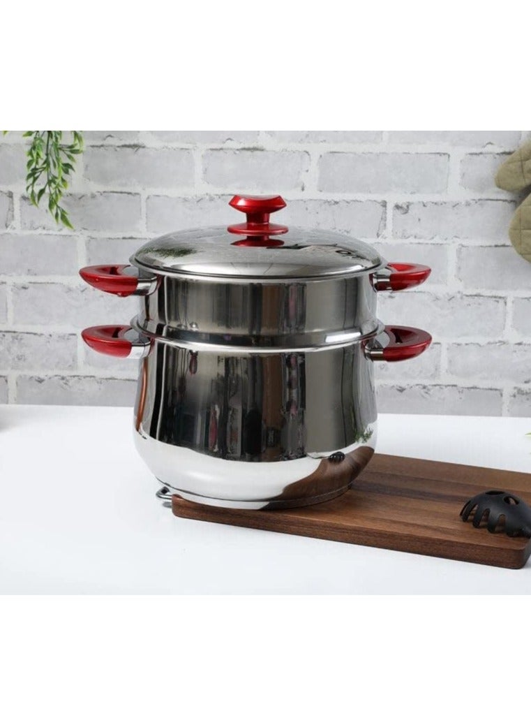 Hascevher 24CM Stainless Steel Steamer Cookware Belly Shape Cous Pot With Red Handles, Multipurpose Two Tier Vegetable And Meat Food Steaming Pot - Image 3