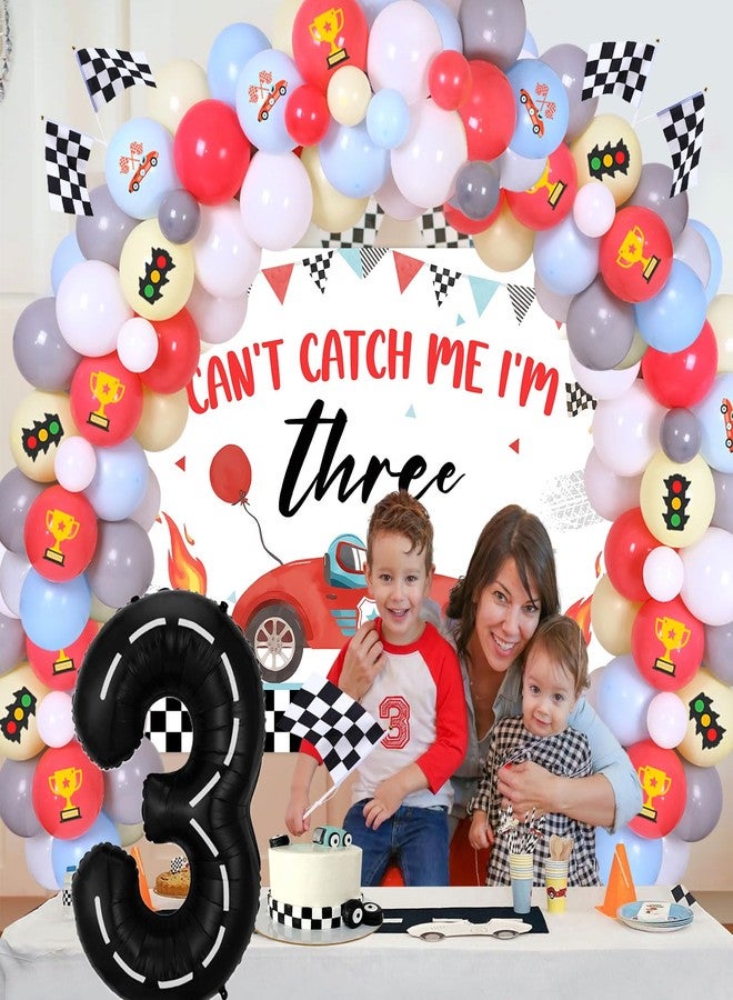 Fangleland Race Car 3rd Birthday Decorations for Boy, Can’t Catch Me I’m Three Racing Theme Birthday Party Supplies Decors with Balloons Garland Arch Kit and Backdrop Poster Vintage Red - Image 4