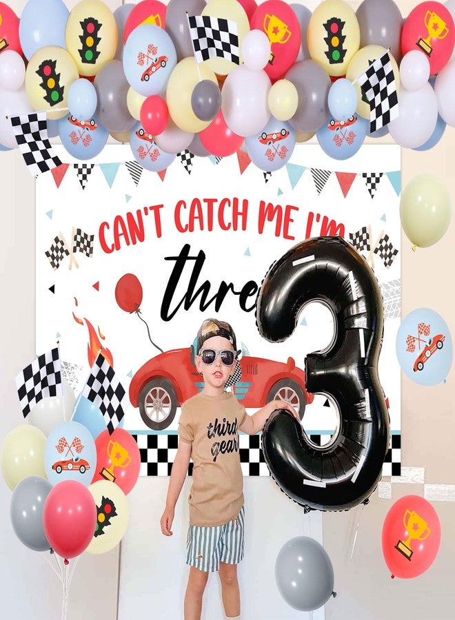 Fangleland Race Car 3rd Birthday Decorations for Boy, Can’t Catch Me I’m Three Racing Theme Birthday Party Supplies Decors with Balloons Garland Arch Kit and Backdrop Poster Vintage Red - Image 3