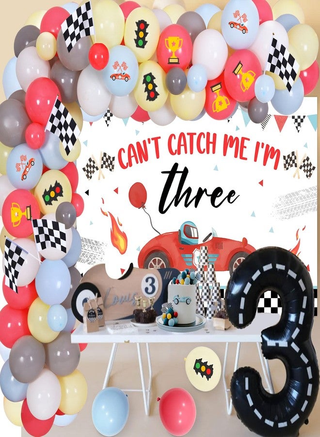 Fangleland Race Car 3rd Birthday Decorations for Boy, Can’t Catch Me I’m Three Racing Theme Birthday Party Supplies Decors with Balloons Garland Arch Kit and Backdrop Poster Vintage Red - Image 2