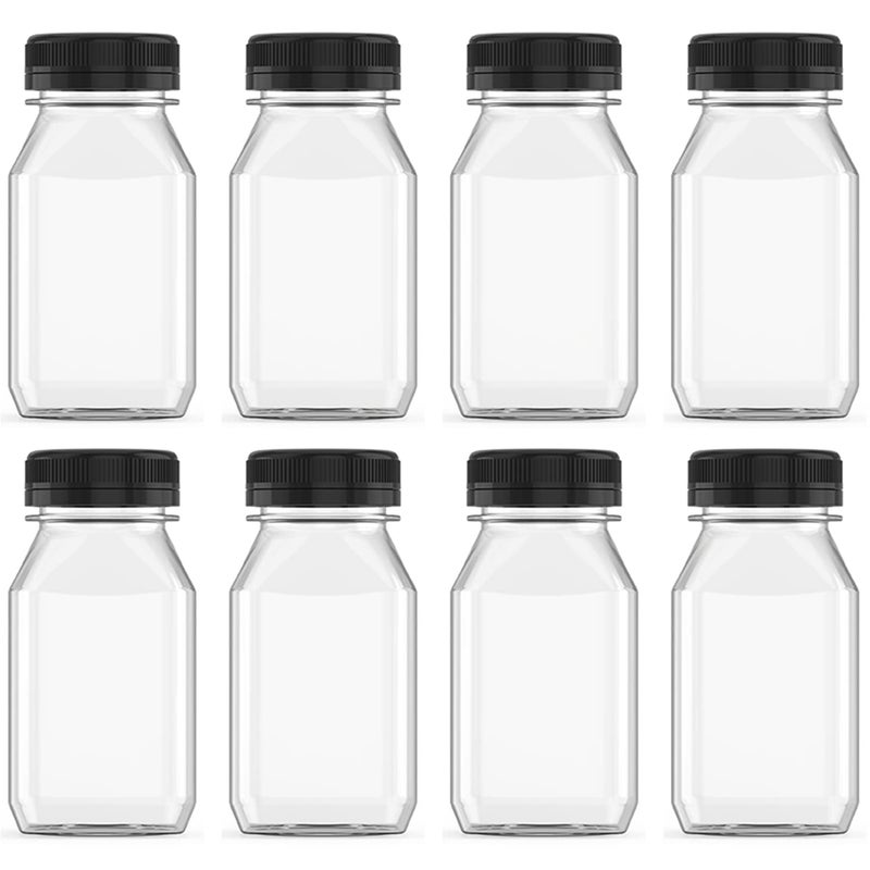 Hulless 8 Pcs 8 Ounce Plastic Juice Bottle Drink Containers Juicing Bottles with Black Lids, Suitable for Juice, Smoothies, Milk and Homemade Beverages - Image 1