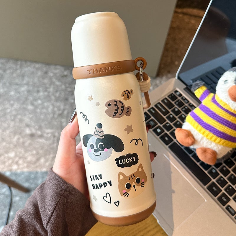 Three-drink thermos cup high-value 316 stainless steel bullet cup cartoon portable outdoor double-drink accompanying cup Brown cat and dog