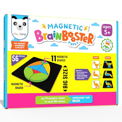 PLAY PANDA Brain Booster Type 3 Big Magnetic Puzzle Set for Kids, 11 Magnetic Shapes with Magnetic Board, 56 Puzzle Book & 56 Solution Book, Display Tray, Brain Training Indoor Educational Toy - Image 1