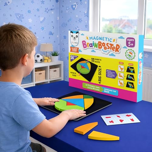 PLAY PANDA Brain Booster Type 3 Big Magnetic Puzzle Set for Kids, 11 Magnetic Shapes with Magnetic Board, 56 Puzzle Book & 56 Solution Book, Display Tray, Brain Training Indoor Educational Toy - Image 2