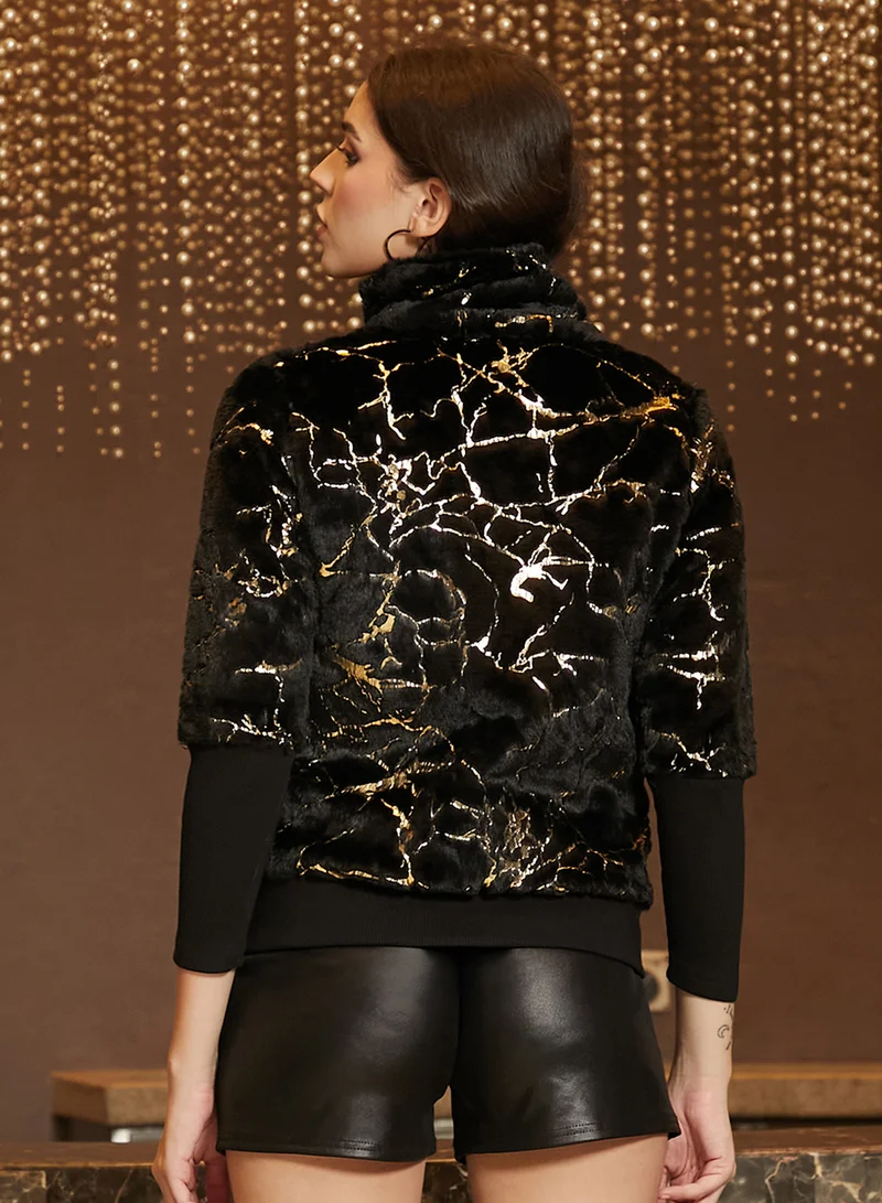 كامبوس سوترا Women's Carbon Black Metallic-Veined Fur Jacket