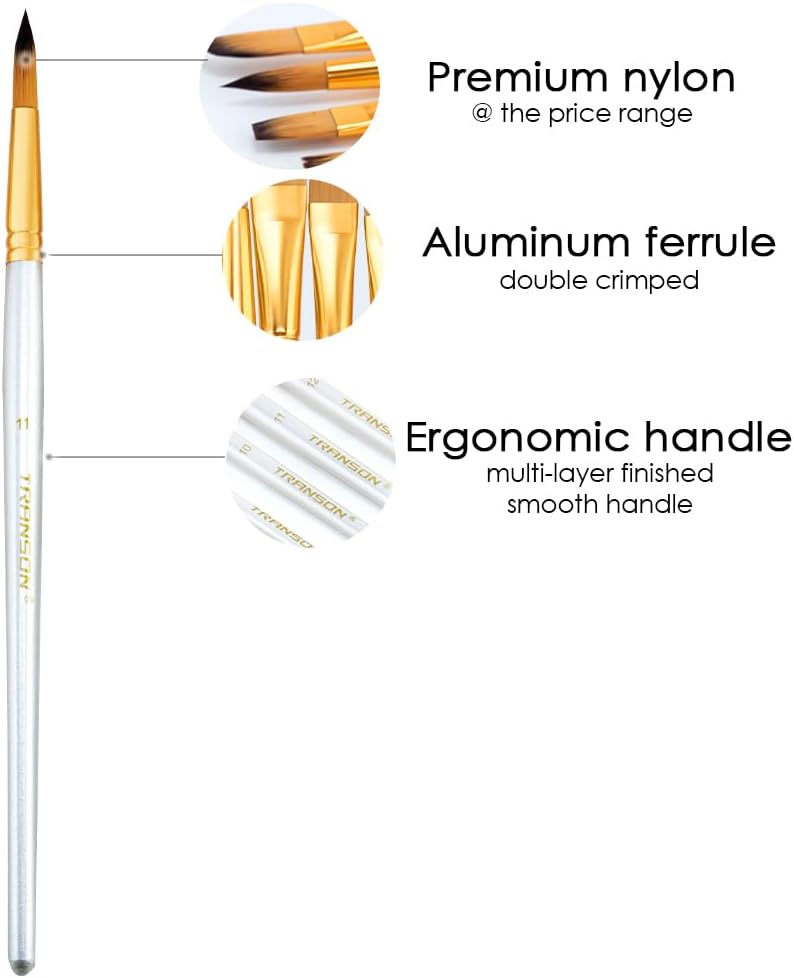 TRANSON Art Painting Brush Assorted Set of 12 for Acrylic Watercolor Gouache Hobby Painting White - Image 3