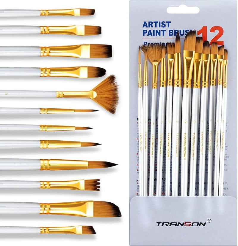 TRANSON Art Painting Brush Assorted Set of 12 for Acrylic Watercolor Gouache Hobby Painting White - Image 1