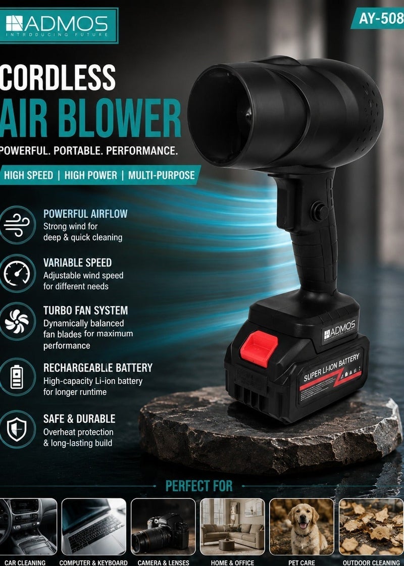 ADMOS AY-508 Cordless Electric Air Blower with 1200mAh Battery, 70mm Large Air Outlet, Turbo Motor, Speed Control, for Car Dust Cleaning, Leaves, Snow, Fire Starting, Keyboard & Home Use - Image 2