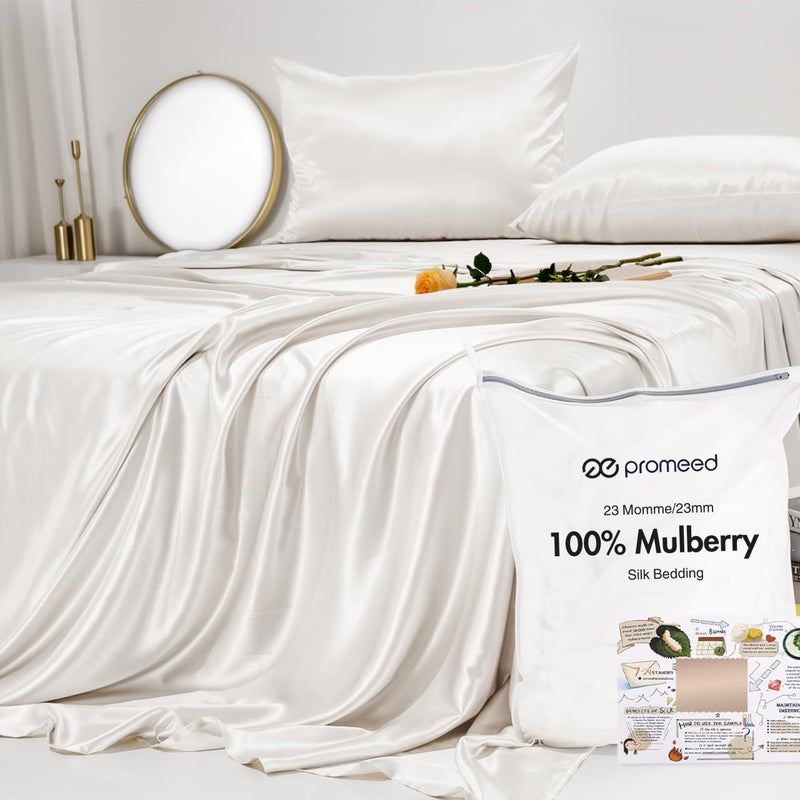 PROMEED 100 Pure Mulberry Silk Sheets White King Size Bed Set Ultra Soft 23 Momme Grade 6A Natural Silk Bed Sheet Set 4PCS White King