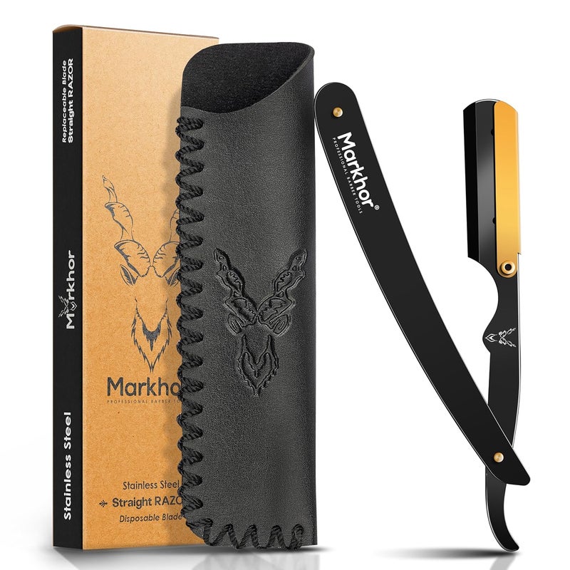 Markhor ® Straight Razor for men with Leather Pouch & Replaceable Blades | Single Blade Razor | Premium Shaving Razor | Stainless Steel Barber Razor Blade | Straight Edge Razor | Navajas Para Barbero - Image 1
