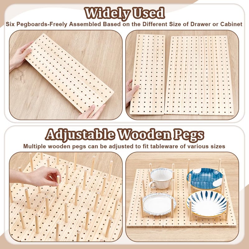 peacoblue 6 - Piece Wood Pegboard Drawer Organizer Set for Dishes - Kitchen Drawer Peg Organizer 40 Pegs & Screws Included - Organizing Kitchen Dishes, Plates Pegboard Food Containers(17x5.9inch) - Image 3