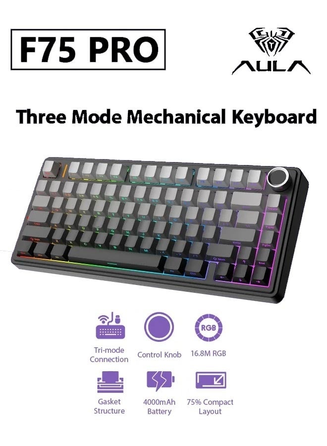 AULA F75 PRO Gaming Keyboard 75% Mechanical Keyboard Gasket Hot Swappable Custom Keyboard RGB Backlit with Five-Layer Padding, ide Printed PBT Keycaps Bluetooth/2.4GHz/USB-C, Mechanical Gaming Keyboard Hot Swappable, Knob, RGB, Reaper Switches Keyboard for Gamers(Gradient Black) - Image 1