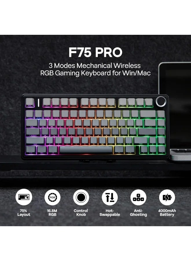 AULA F75 PRO Gaming Keyboard 75% Mechanical Keyboard Gasket Hot Swappable Custom Keyboard RGB Backlit with Five-Layer Padding, ide Printed PBT Keycaps Bluetooth/2.4GHz/USB-C, Mechanical Gaming Keyboard Hot Swappable, Knob, RGB, Reaper Switches Keyboard for Gamers(Gradient Black) - Image 3