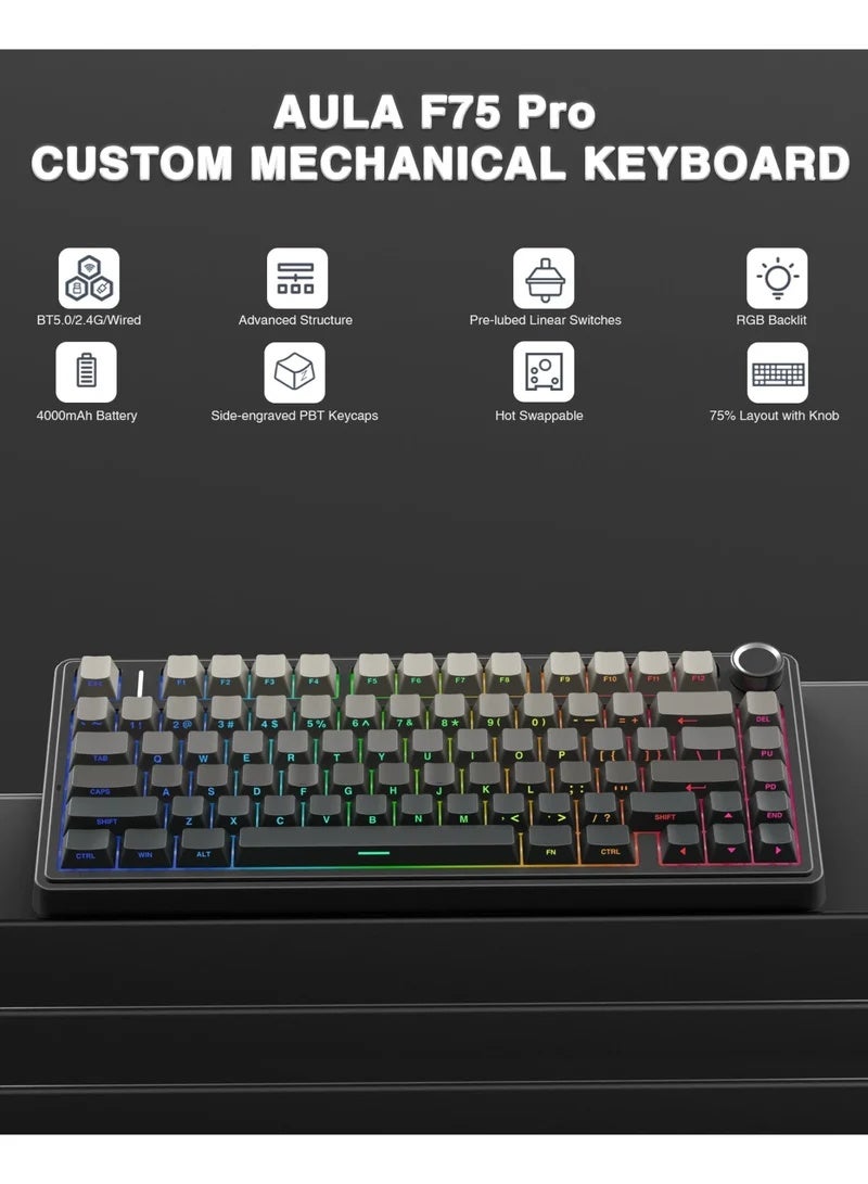 AULA F75 PRO Gaming Keyboard 75% Mechanical Keyboard Gasket Hot Swappable Custom Keyboard RGB Backlit with Five-Layer Padding, ide Printed PBT Keycaps Bluetooth/2.4GHz/USB-C, Mechanical Gaming Keyboard Hot Swappable, Knob, RGB, Reaper Switches Keyboard for Gamers(Gradient Black) - Image 2